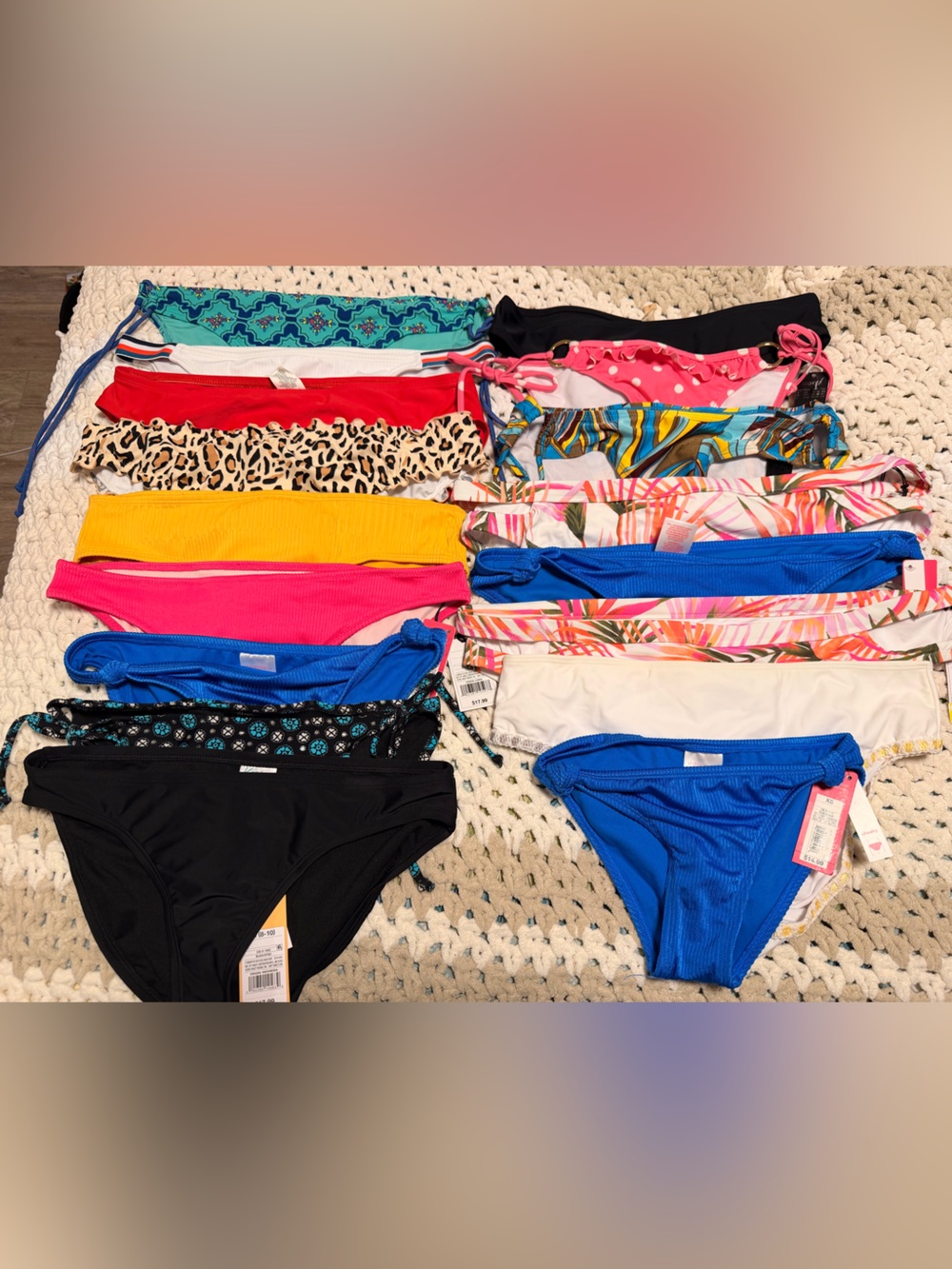 17 Shade & Shore Bikini Bottoms Lot — Red, Leopard, Yellow, Pink, Blue, Black